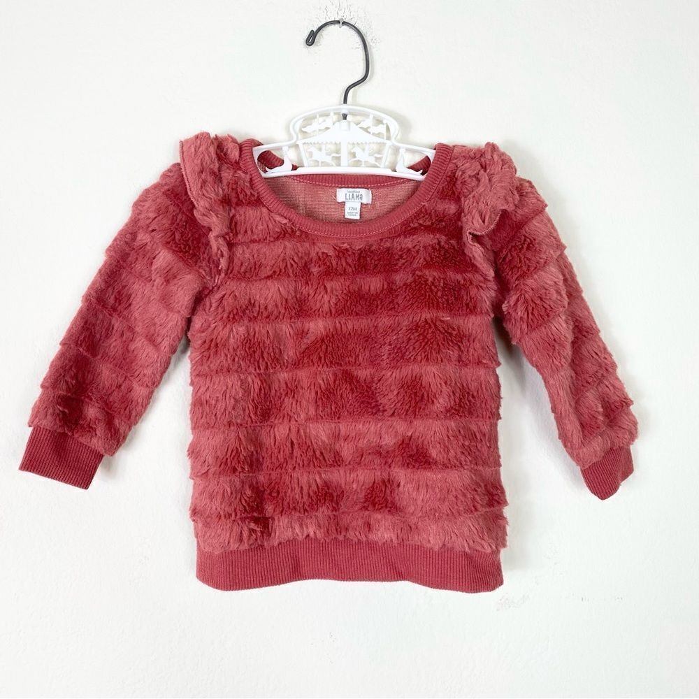 Laughing Llama Baby Girl Red-Pink Faux Fur Layered Ruffled Sweater